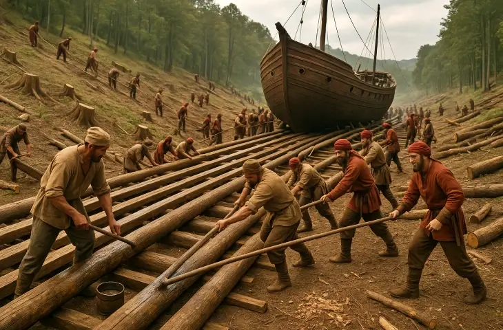 Kasımpaşa–Tophane hattında gemilerin karadan yürütülmesi için hazırlanan kaygan kızak yolunda çalışan Osmanlı işçileri ve büyük bir kadırganın kütükler üzerinde ilerleyişi.